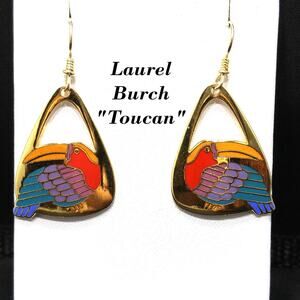 Laurel Burch Toucan Bird Earrings, Gold Plated Cloisonne Enamel, 1980s Vintage
